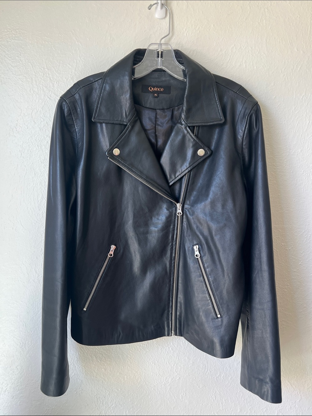 Quince Black genuine Leather Asymmetrical Zip Moto Jacket. Bickercore,